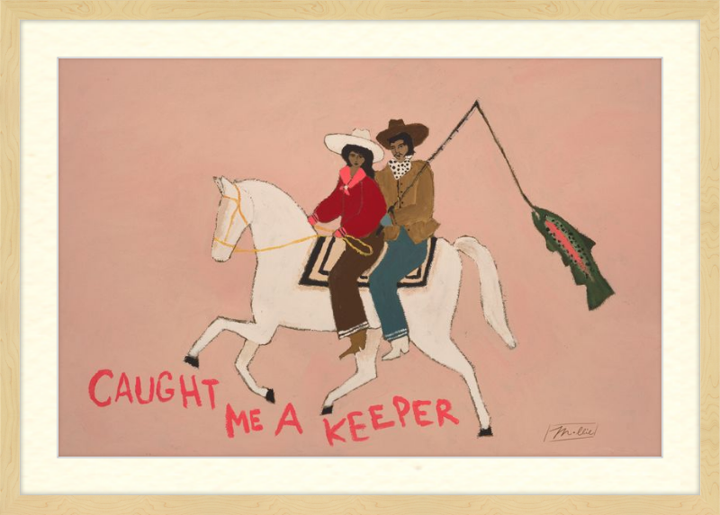 Illustration of two people on a horse with text 'Caught Me A Keeper' on a pink background