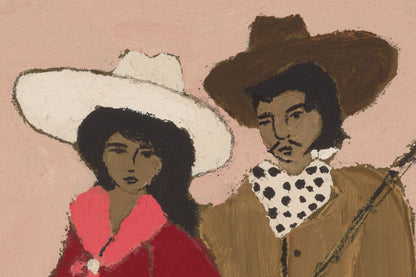 Two people in cowboy attire with a pink background